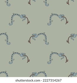 Seamless animal ethnic pattern with fantastic snakes. Ancient Mexican design or Mixtec Indians. Pre Columbian Native American art. Blue serpents on green background.