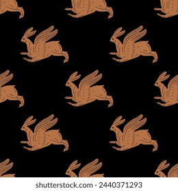 Seamless animal ethnic pattern with running or flying winged rabbits or hares. Easter symbol.  Ancient Greek or Roman vase painting motif. 