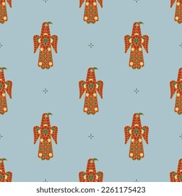 Seamless animal ethnic pattern with stylized eagle birds. Medieval Visigoth design from Spain. On light blue background.