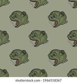 Seamless animal green pattern with heads of fantastic medieval demons. 
