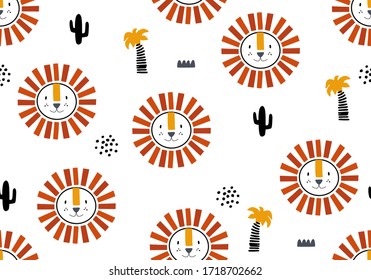 Seamless animal jungle pattern with lion. Cartoon abstract baby vector background