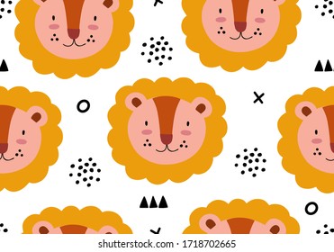 Seamless animal jungle pattern with lion. Cartoon abstract baby vector background