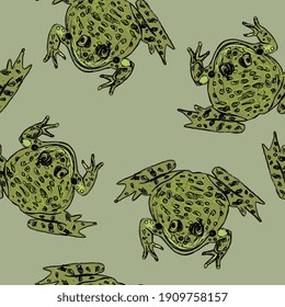 Seamless animal monochrome pattern with hand drawn funny green frogs or toads.