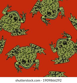 Seamless animal monochrome pattern with hand drawn funny green frogs or toads.