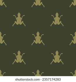 Seamless animal monochrome pattern with stylized funny frogs or toads. Russian medieval design. On green background.