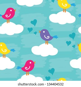 Seamless animal nature pattern with birds and clouds, vector illustration