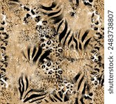 Seamless animal pattern with abstract zebra, wild tiger, leopard skin background elements in brown and black colors