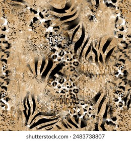 Seamless animal pattern with abstract zebra, wild tiger, leopard skin background elements in brown and black colors