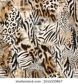 Seamless animal pattern with abstract zebra, wild tiger, leopard skin background elements in brown and black colors