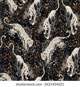 Seamless animal pattern with abstract zebra, wild tiger, leopard skin background elements in brown and black colors