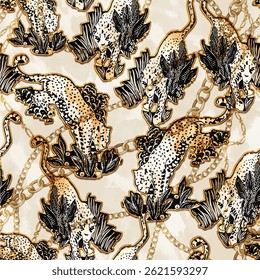 Seamless animal pattern with abstract zebra, wild tiger, leopard skin background elements with gold chain detail in golden yellow, brown and black colors