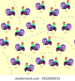 Seamless animal pattern with bird tracks and funny roosters with wings and tails in shape of leaves isolated on yellow background in vector. Print for fabric, paper, wallpaper, wrapping design.