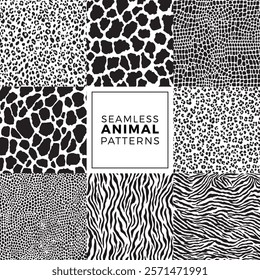 Seamless animal pattern. Black and white print. Cheetah, Cow, Tiger, Crocodile, Snake, Zebra, Leopard, Giraffe. Vector texture.