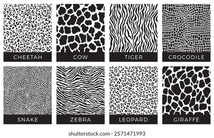 Seamless animal pattern. Black and white print. Cheetah, Cow, Tiger, Crocodile, Snake, Zebra, Leopard, Giraffe. Vector texture.