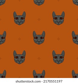 Seamless animal pattern with cat faces. Head of ancient Egyptian goddess Bastet. On orange background.