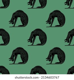 Seamless animal pattern with cats. Ancient Egyptian style. Black silhouettes on green background.