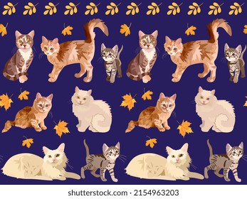 Seamless animal pattern with cats of different breeds and autumn leaves isolated on blue indigo shade background in vector. Fashion print for fabric, wallpaper.