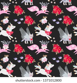 Seamless animal pattern for children. Unicorns, winged kittens and funny horned foxes, flowers and birds isolated on black background.