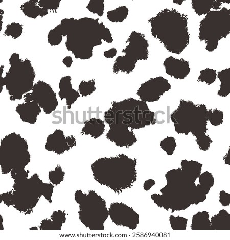 Seamless animal pattern. Cowhide texture with black spots on white. Mammal fur print. Leather design. Vector illustration