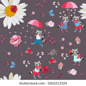 Seamless animal pattern with cute cartoon raccoons, butterflies, sun in shape of daisy flower, roses, leaves and hearts. Vector summer design for children. Print for fabric, wallpaper.