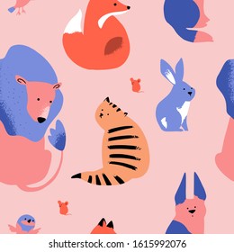 Seamless Animal Pattern, Cute Cartoon Vector Illustration. Lion, fox, cat, dog, bird, mouse, rabbit. Can be used for textile, poster, wallpaper, birthday card.