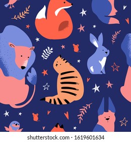 Seamless Animal Pattern, Cute Cartoon Vector Illustration. Lion, fox, cat, dog, bird, mouse, rabbit. Can be used for textile, poster, wallpaper, birthday card.