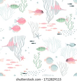 Seamless animal pattern, cute fish, starfish and coral with texture. Vector abstract illustration pink, turquoise and green colors on white background.