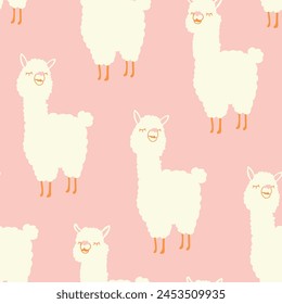 Seamless animal pattern. Cute llama characters on a pink background. Childlike stylized and gentle llamas. Lovely pattern. Vector illustration. Pattern for gift wrapping, decor