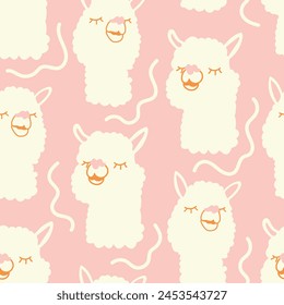 Seamless animal pattern. Cute llama characters on a pink background. Childlike stylized and gentle llamas. Lovely pattern. Vector illustration. Pattern for gift wrapping, decor