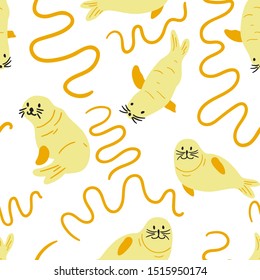 Seamless animal pattern with cute sea lions. Creative animal texture for fabric, wrapping, textile, wallpaper, apparel. Vector illustration