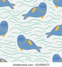 Seamless animal pattern with cute sea lions. Creative animal texture for fabric, wrapping, textile, wallpaper, apparel. Vector illustration