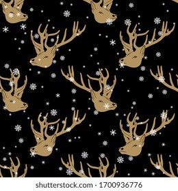 Seamless animal pattern with deer heads and snowflakes. Stag with antlers. Winter decor.