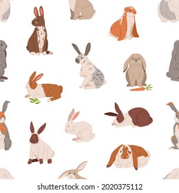 Seamless animal pattern with different cute rabbits and hares on white background. Endless repeatable texture with realistic adorable sweet bunnies. Colored flat vector illustration for printing