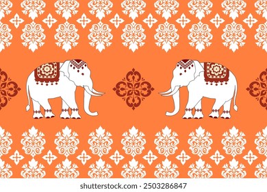 Seamless Animal Pattern with Elephants in a Cute Vector Silhouette Design,traditional ethnic, fabric pattern for textiles, rugs, wallpaper, clothing, sarong, batik, wrapping, embroidery, print,vector