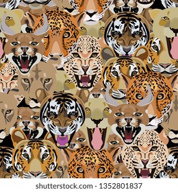 Seamless animal pattern with faces of big wildcats. Flat cartoon style.