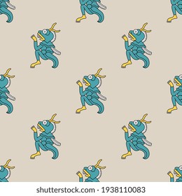 Seamless animal pattern with fantastic creatures. Monster locust from Aztec mythology. Pre Columbian Native American art.