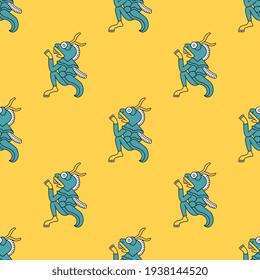 Seamless animal pattern with fantastic creatures. Monster locust from Aztec mythology. Pre Columbian Native American art.