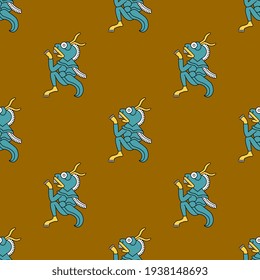 Seamless animal pattern with fantastic creatures. Monster locust from Aztec mythology. Pre Columbian Native American art.