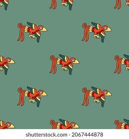 Seamless animal pattern with fantastic flying parrot birds. Native American design of Aztec Indians from Mexican codex. On green background.