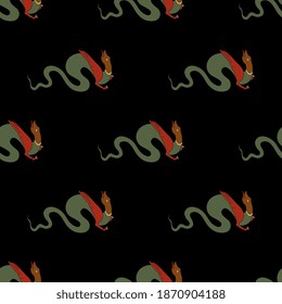 Seamless animal pattern with fantastic winged dragons. Medieval Russian folk style.
