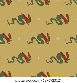 Seamless animal pattern with fantastic winged dragons. Medieval Russian folk style.