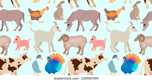 Seamless animal pattern with farm - cattle, poultry, piglet and hares. Children's illustration. Vector pattern