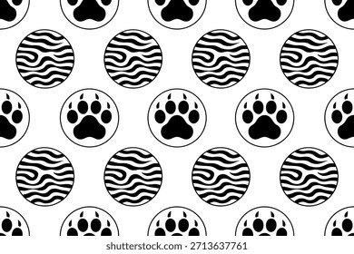 Patrón animal sin fisuras con rayas de cebra y diseño de huellas de pata