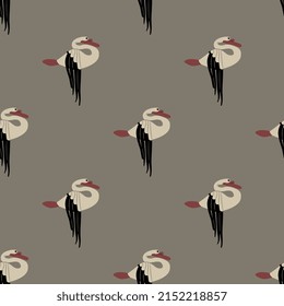 Seamless animal pattern with felt swans from Pazyryk. Scythian symbol from Siberia. Black and white birds with red beaks on brown gray background.
