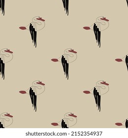 Seamless animal pattern with felt swans from Pazyryk. Scythian symbol from Siberia. Black and white birds with red beaks on light background.