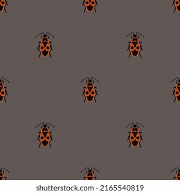Seamless animal pattern with firebugs. Pyrrhocoris apterus. Red bugs with black spots on brown gray background.