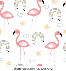 seamless animal pattern flamingos and rainbow hand drawn cartoon background in children's style design used for print, wallpaper, cloth, textile, vector illustration