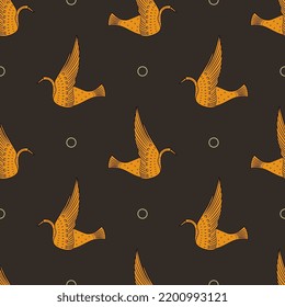 Seamless animal pattern with flying birds. Swan or dove. Ancient Greek vase painting style. Orange silhouettes on brown background.