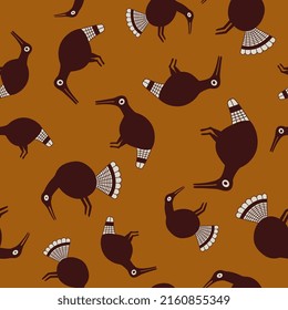 Seamless animal pattern with funny birds. Native American art of Pueblo Mogollon Indians. Mimbres pottery. On orange background.