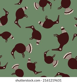 Seamless Animal Pattern With Funny Birds. Native American Art Of Pueblo Mogollon Indians. Mimbres Pottery. On Green Background.